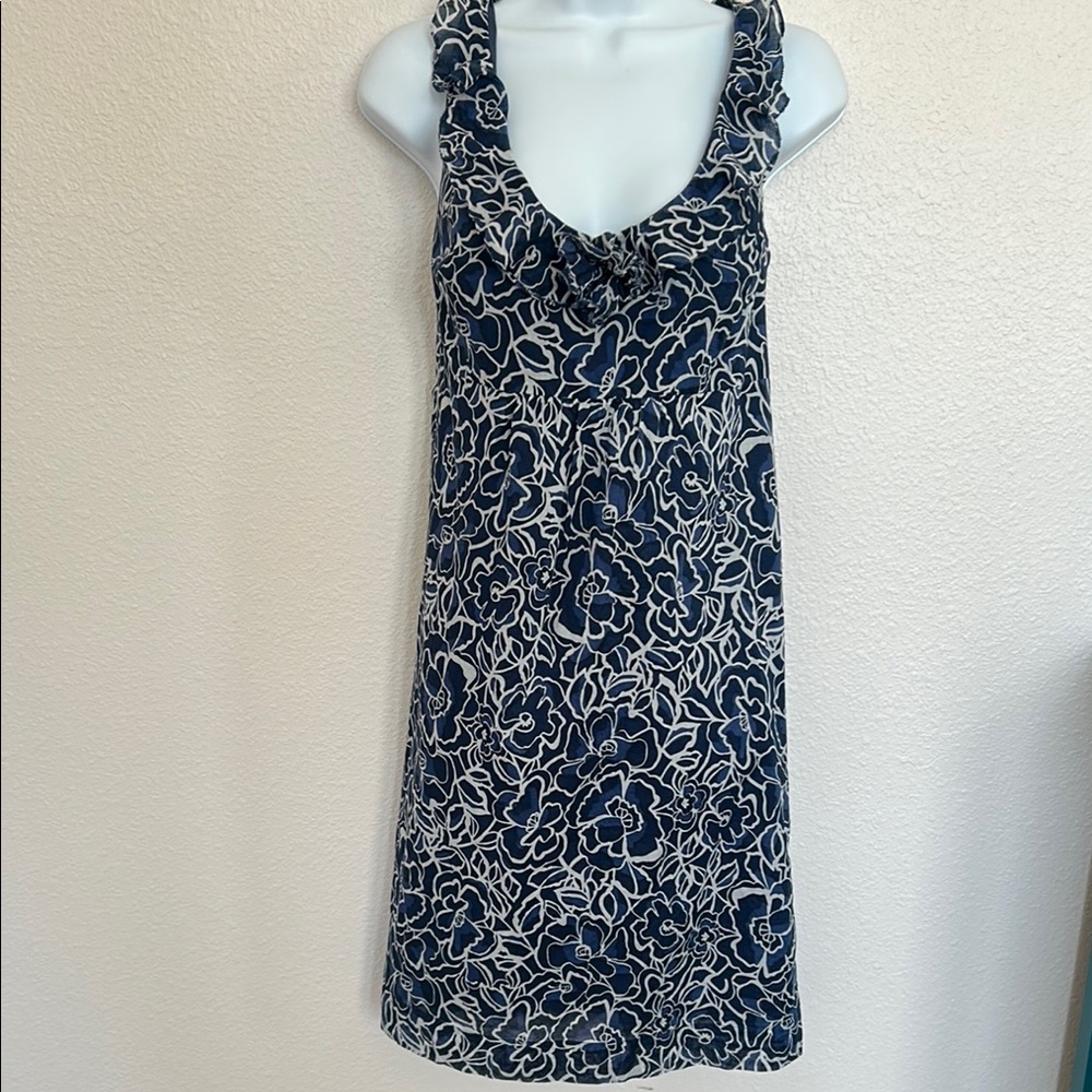 Ann Taylor Navy Blue Cotton Floral Lined Sun Dress Size 12